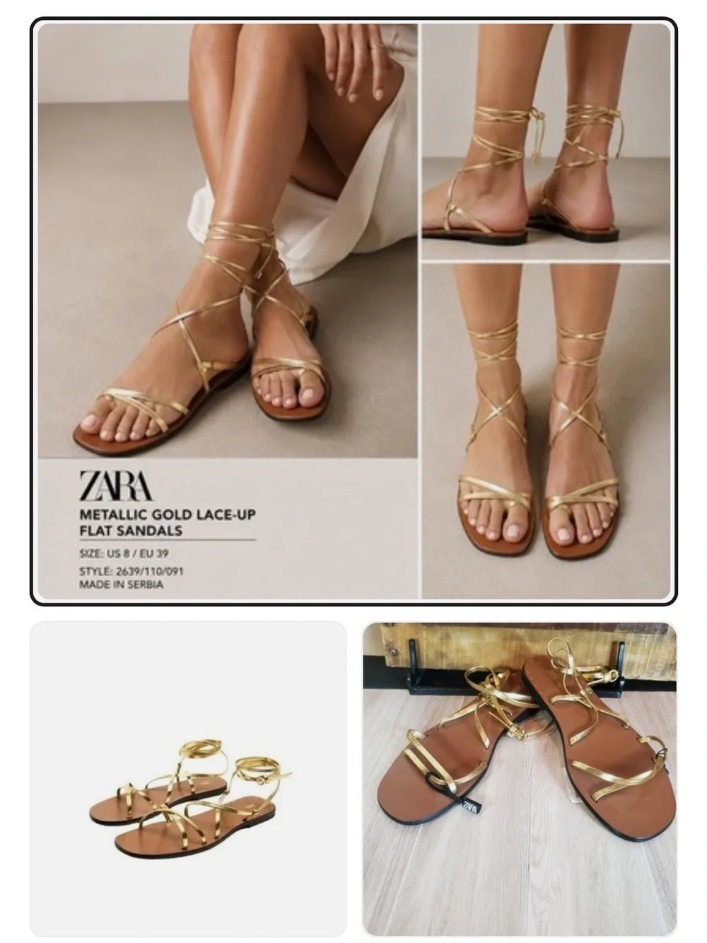 ZARA Metallic Gold Lace-Up Flat Sandals - Gold